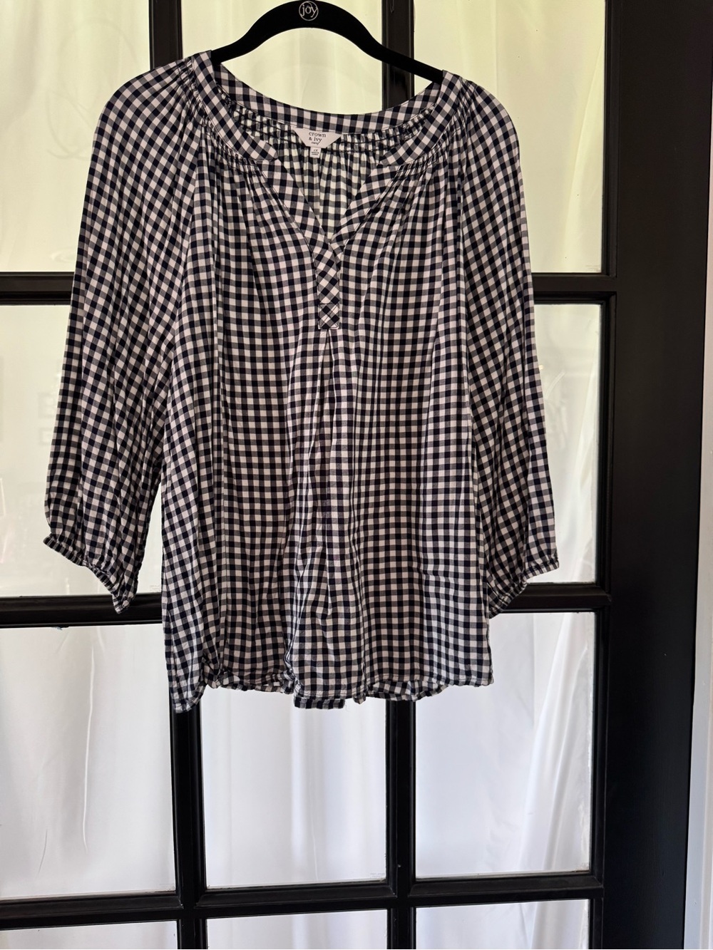 crown & ivy Black and White Gingham Peasant Top